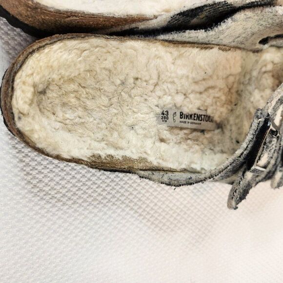Birkenstock Mens Size 43 US 10 Arizona White Gray Shearling Plaid Natural Wool